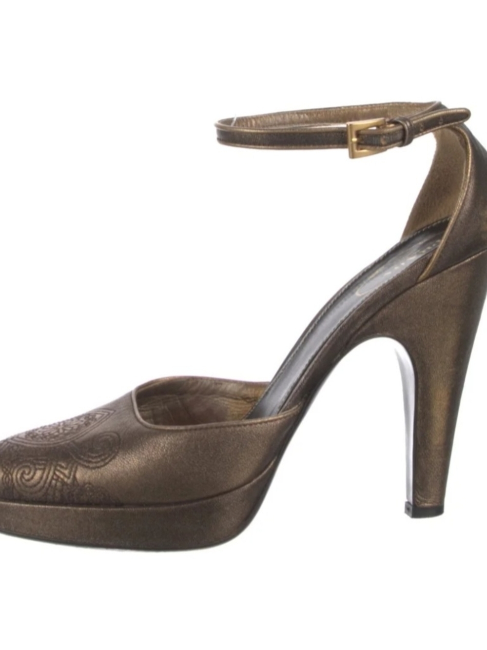 Prada Metallic Bronze Embossed Leather Ankle-Strap Pumps - Picture 6 of 6